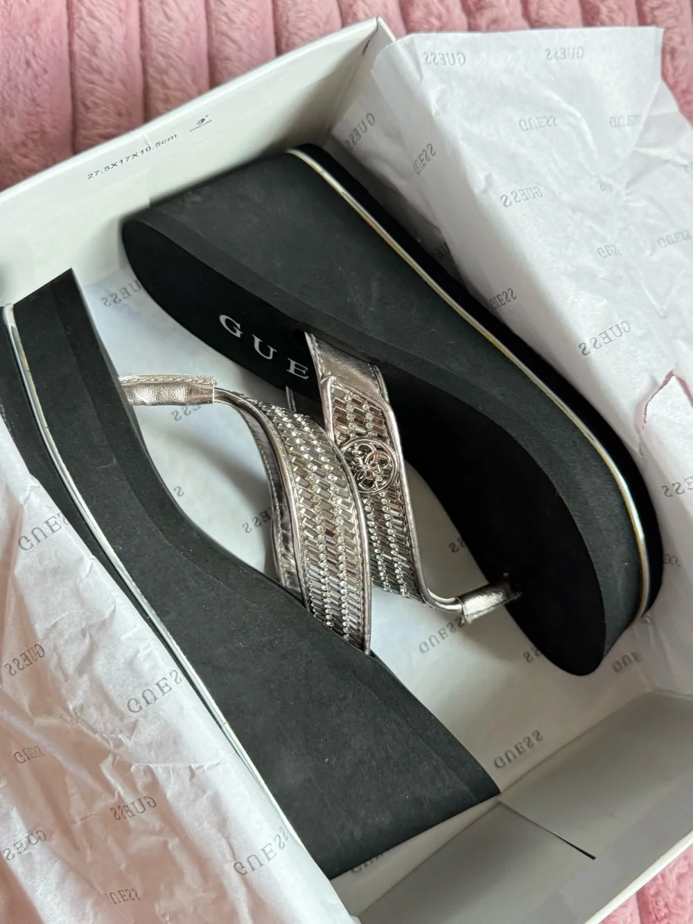 GUESS Pink Metallic Wedge Thong Sandals